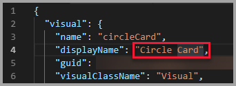 Screenshot di VS Code, che mostra che il valore del nome visualizzato è impostato su Circle Card.