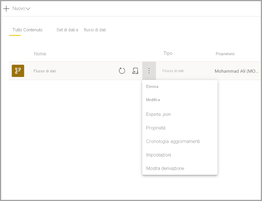 Screenshot delle impostazioni a discesa di un flusso di dati di Power BI.