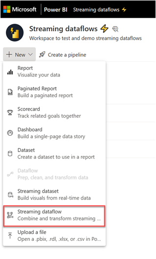 Schermata che mostra le opzioni del menu Nuovo con il dataflow in streaming evidenziato.