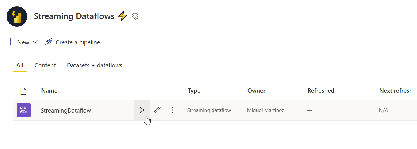 Schermata che mostra il pulsante di avvio per avviare un flusso di dati in streaming.