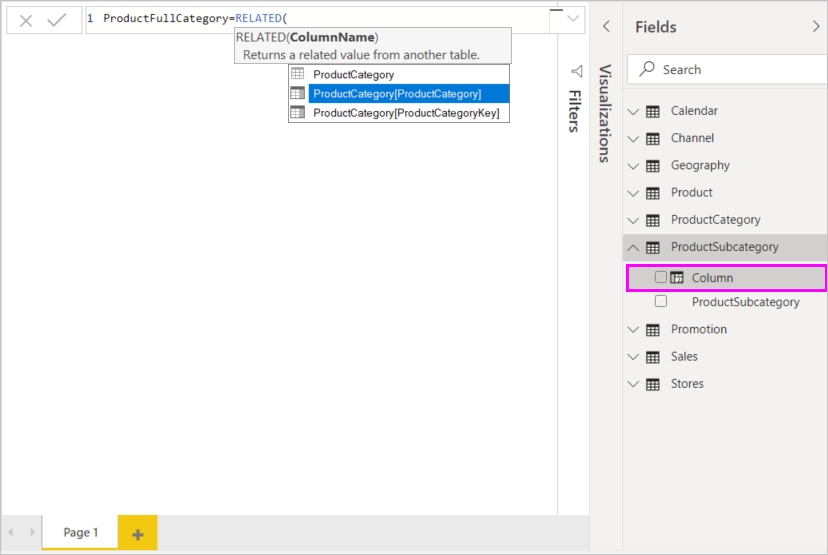 Screenshot di CategoriaProdotto scelto nella barra della formula per la funzione Relativa.