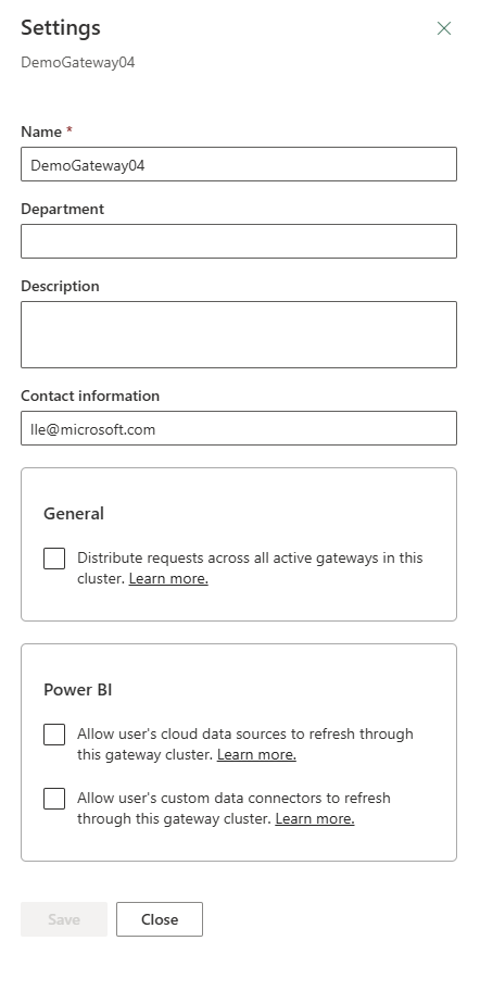 Impostazioni gateway dati.