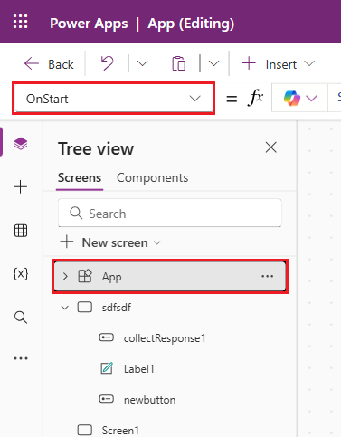 Screenshot dell'oggetto App selezionato nel riquadro Visualizzazione albero. Il riquadro delle proprietà è visibile.