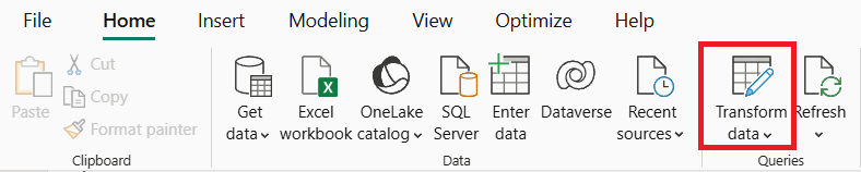 Screenshot della barra Home in Power BI con il pulsante Trasforma dati evidenziato.