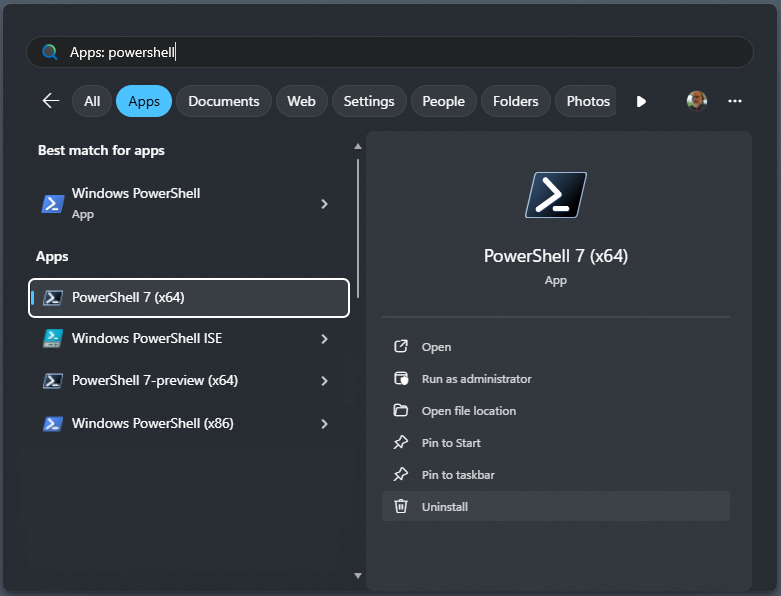 PowerShell nel menu Start.
