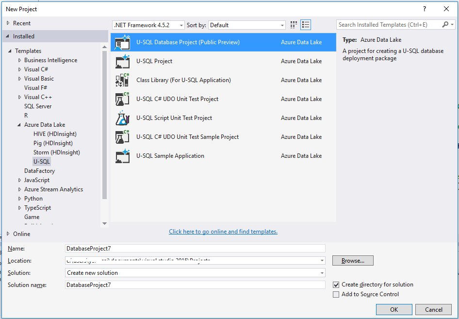 Strumenti Data Lake per Visual Studio--Creare un progetto di database U-SQL