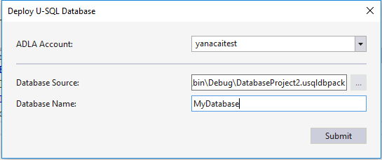 Strumenti Data Lake per Visual Studio - Creazione guidata per il deployment di progetti di database U-SQL