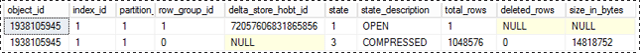 Screenshot che mostra il rowgroup e il deltastore per un caricamento batch.