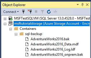 Screenshot di Esplora oggetti in SSMS che mostra i file di dati all'interno del contenitore, su Azure, sotto l'elemento riguardante un'istanza di SQL Server.