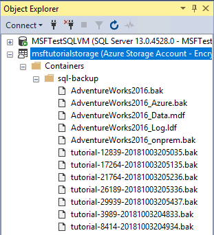 Screenshot dall'Esplora oggetti in SSMS con più snapshot nel contenitore Azure.