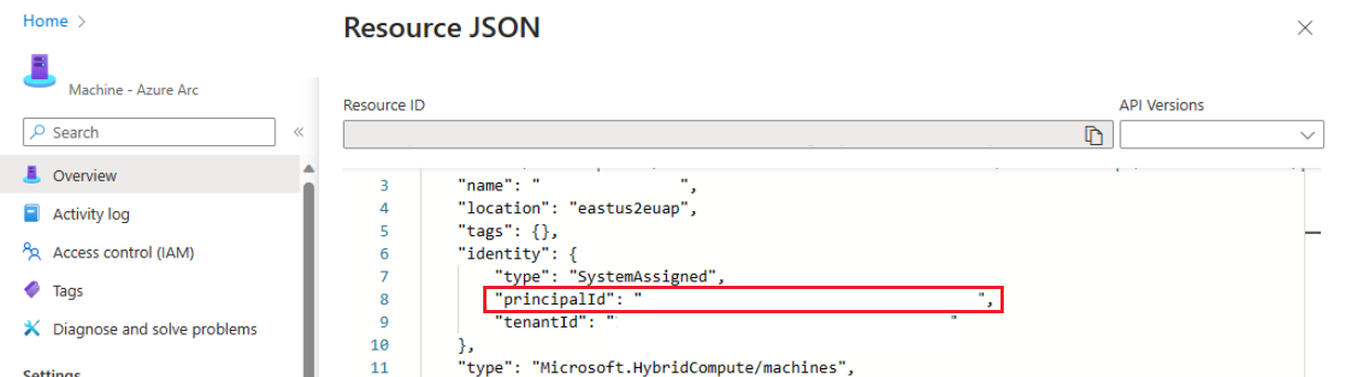 Screenshot del controllo del portale per la vista JSON della definizione della macchina.