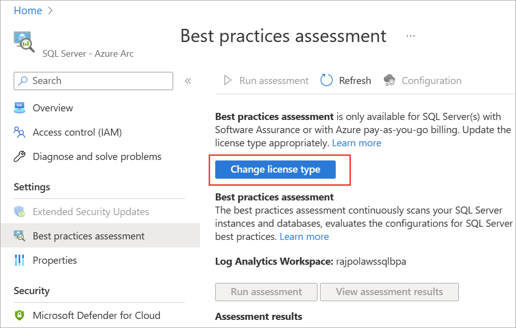 Screenshot del pulsante per modificare il tipo di licenza nel portale di Azure.