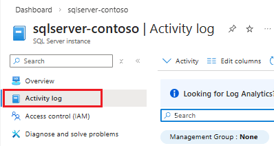 Screenshot del registro attività evidenziato per una risorsa di istanza di SQL Server nel portale di Azure.