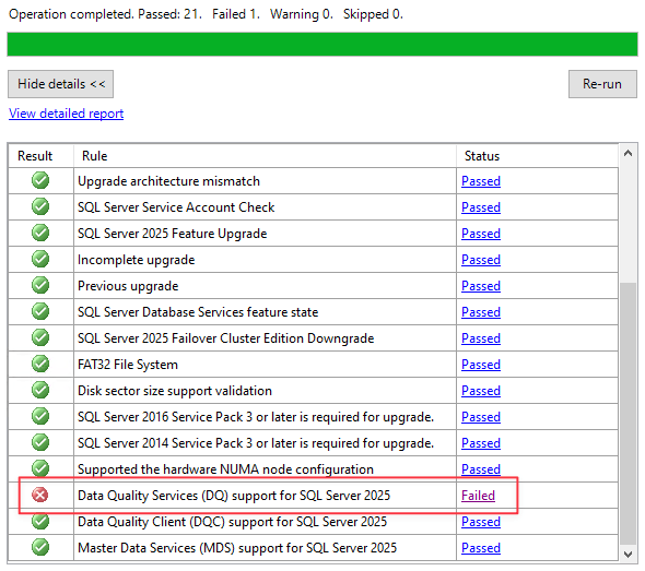 Screenshot della schermata delle Regole delle funzionalità di aggiornamento di SQL Server, con Data Quality Services evidenziato in rosso.