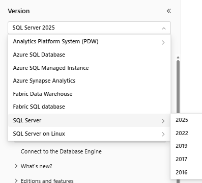 Screenshot che mostra il filtro della versione di SQL Docs.