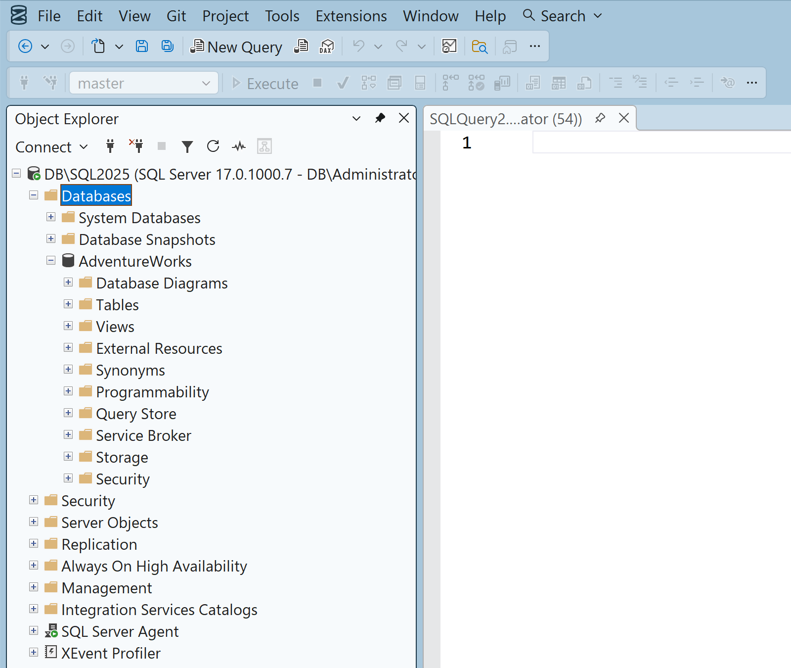 Screenshot di SQL Server Management Studio.