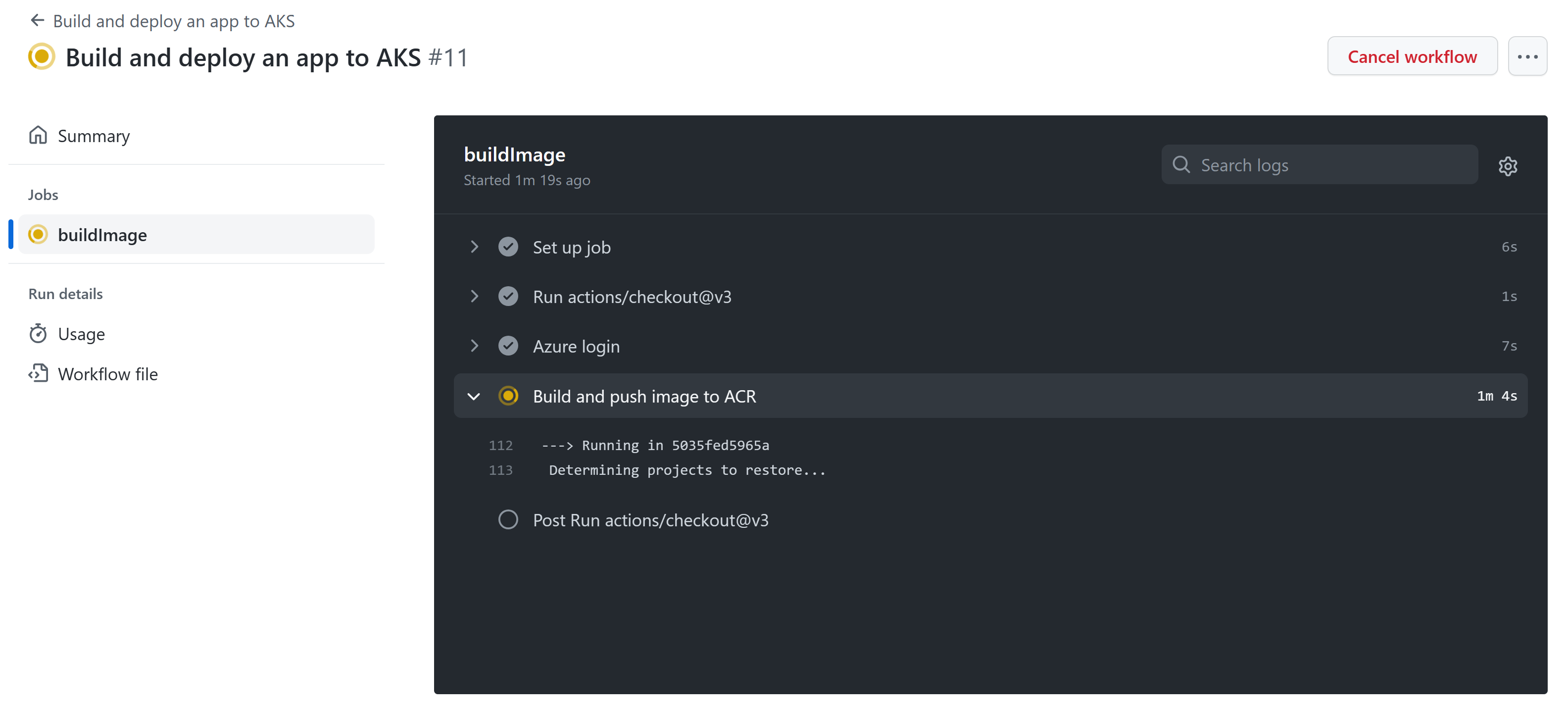 Screenshot che mostra un flusso di lavoro GitHub in corso.