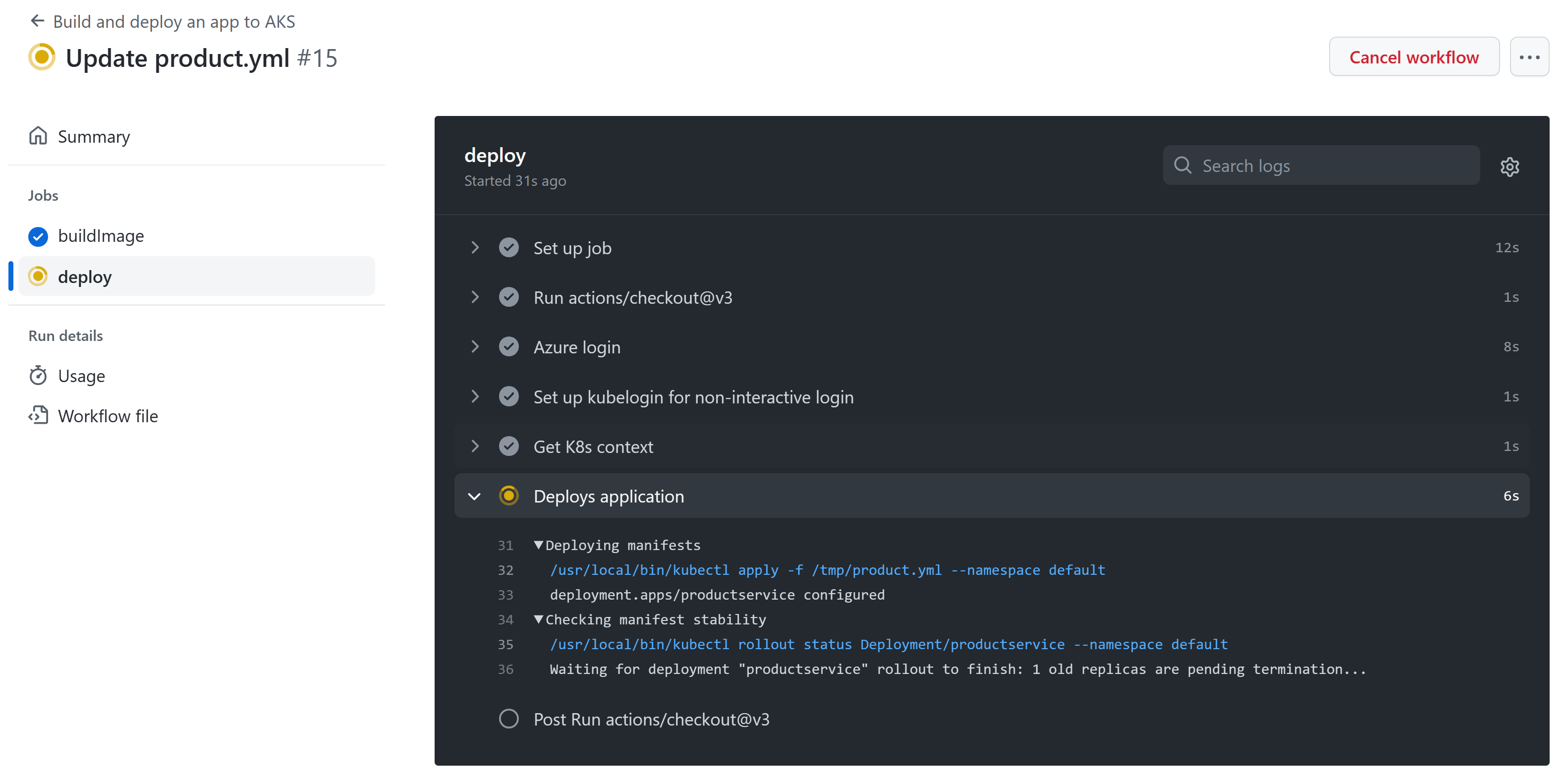 Screenshot che mostra il processo di distribuzione selezionato con un elenco di tutti i passaggi.