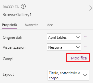 Screenshot delle proprietà della raccolta con il pulsante Modifica evidenziato al di sotto di Campi.
