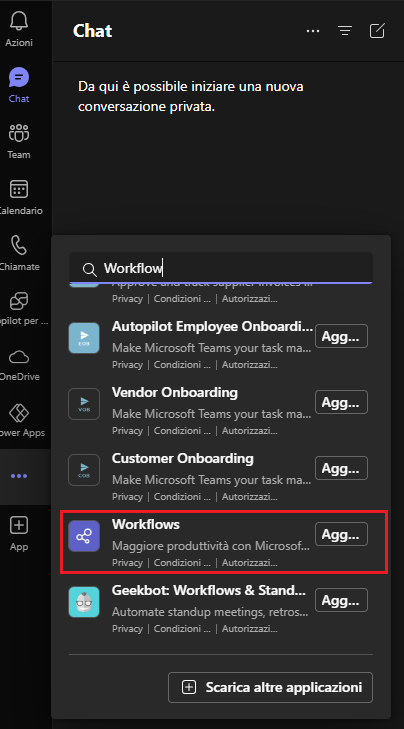 Screenshot che mostra l'app Flussi di lavoro, se non è già stata aggiunta.