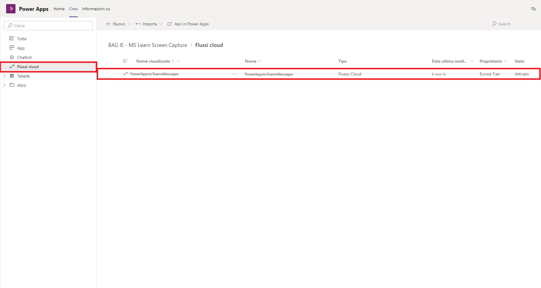 Screenshot del riquadro Power Automate con i puntini di sospensione a destra del flusso evidenziati.