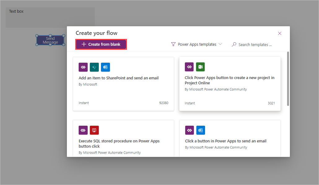 Screenshot della finestra popup Crea un flusso personalizzato con l'opzione Crea da modello vuoto evidenziata.