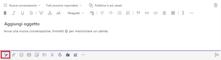 Screenshot del messaggio con il campo Aggiungi un oggetto e il pulsante del formato evidenziati.