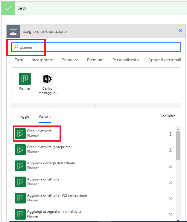 Screenshot della finestra di dialogo Scegli un'operazione con i risultati della ricerca di planner.
