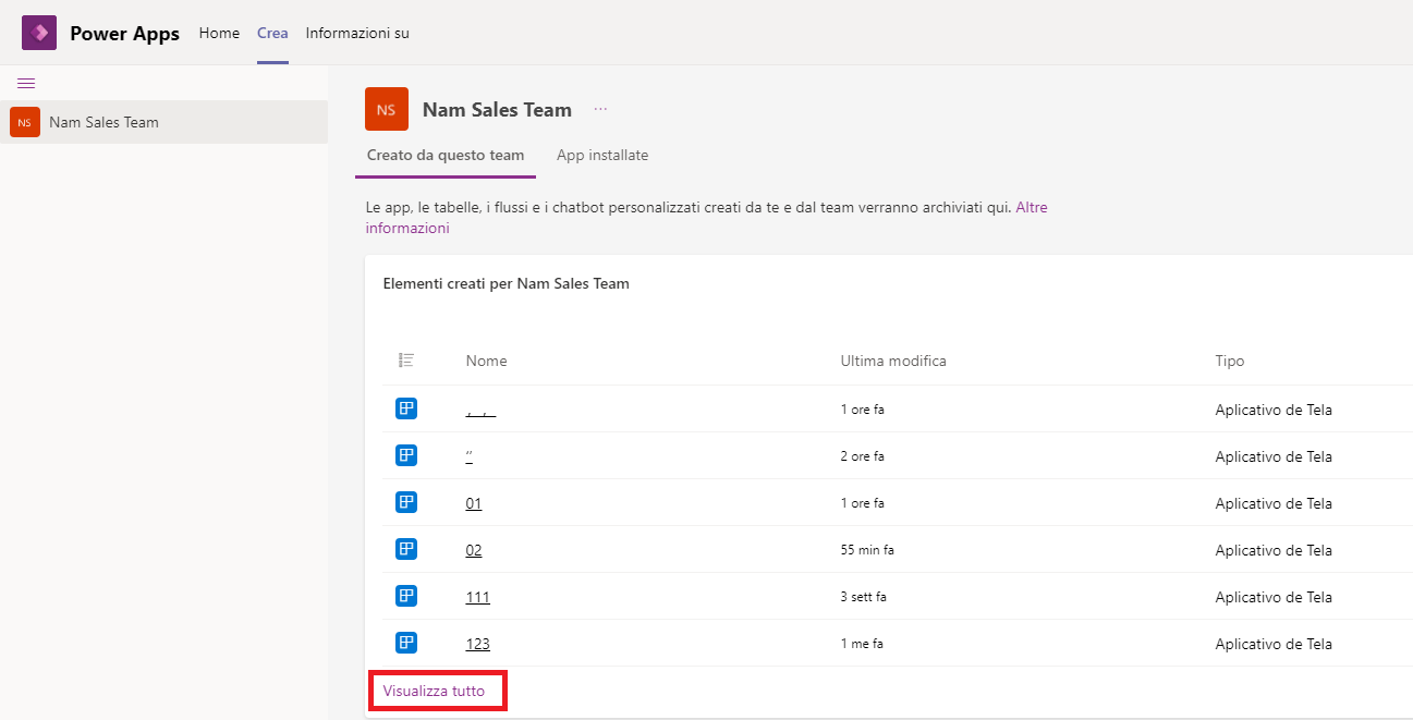 Screenshot delle app recenti nella schermata iniziale di Power Apps.