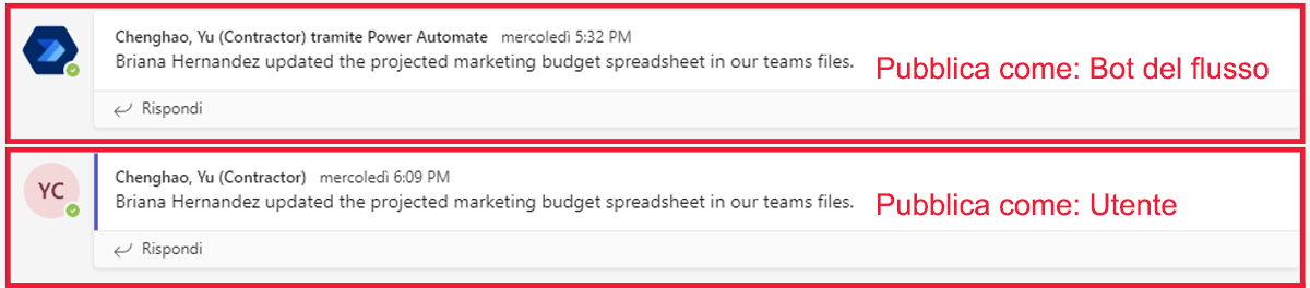Screenshot del canale Teams di Contoso e di entrambi i messaggi di test.