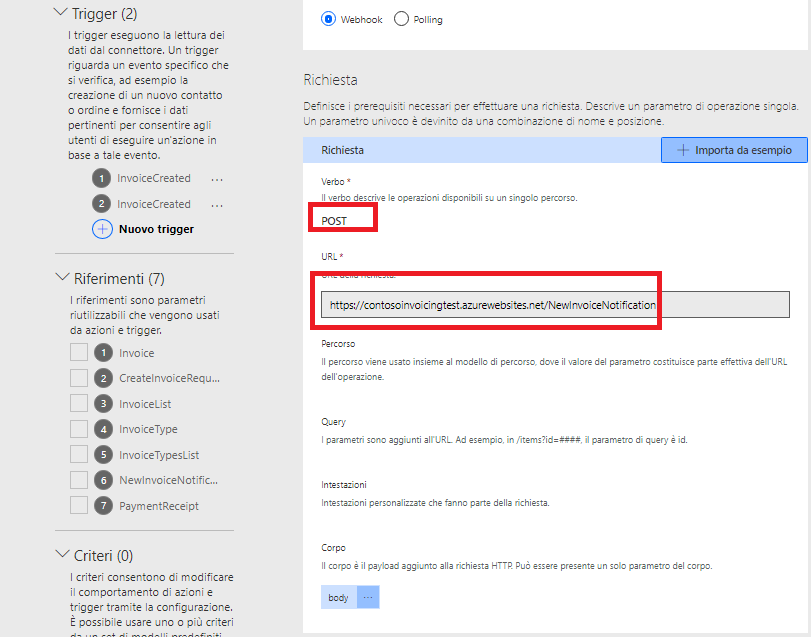 Screenshot dell'esperienza di progettazione per la creazione di connettori personalizzati. Viene mostrata la definizione di un nuovo trigger e il verbo POST HTTP e l'URL sono evidenziati come parti principali della definizione.