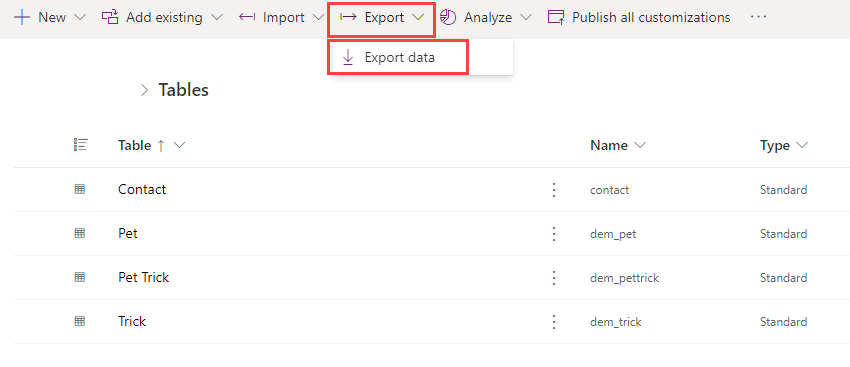 Screenshot dell'opzione di esportazione dei dati in Power Apps.