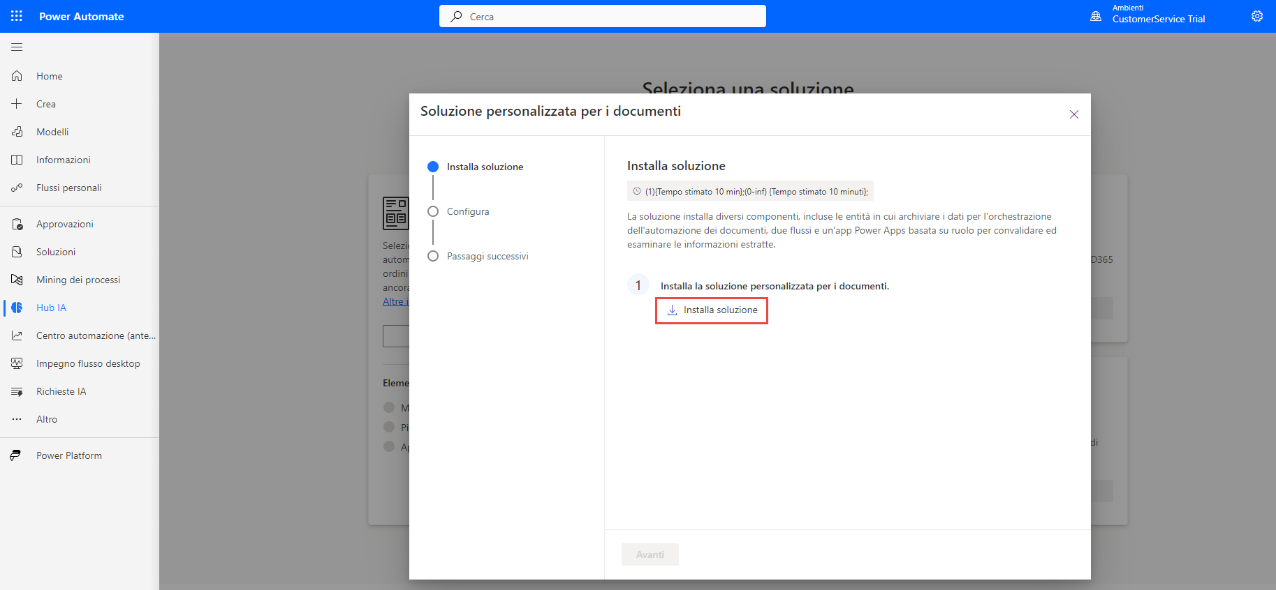 Screenshot della prima pagina, Installa soluzione, della procedura guidata Soluzione personalizzata per i documenti.