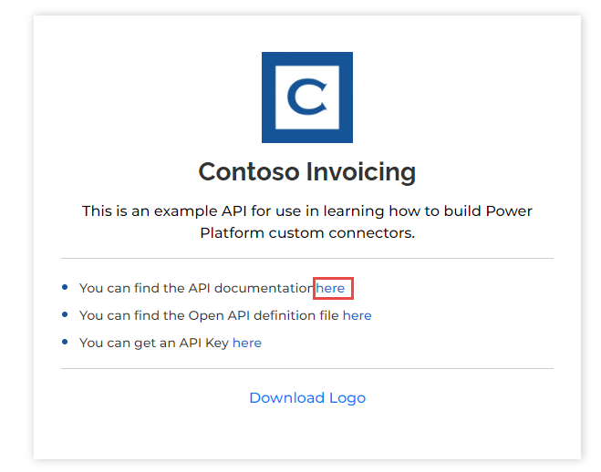Screenshot con freccia che punta al collegamento alla documentazione dell'API.