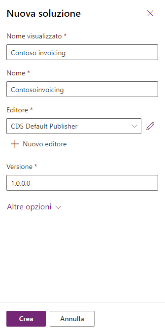 Screenshot della creazione di una nuova soluzione Contoso Invoicing.