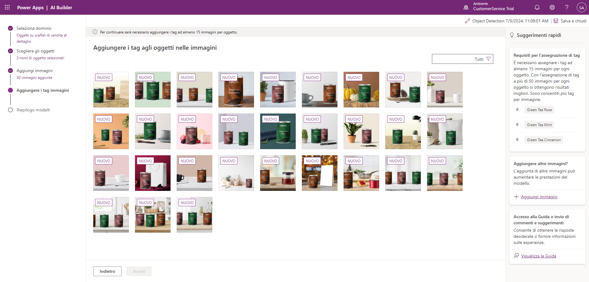 Screenshot del dashboard di AI Builder che mostra un processo di addestramento del modello Rilevamento oggetti per l'assegnazione di tag alle immagini.