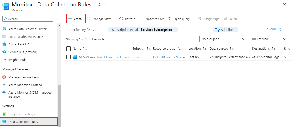 Screenshot della schermata Regole di raccolta dati con l'opzione Crea evidenziata.
