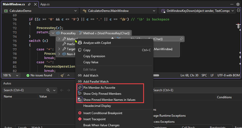 Screenshot del menu di scelta rapida per i membri in un suggerimento dati in Visual Studio.