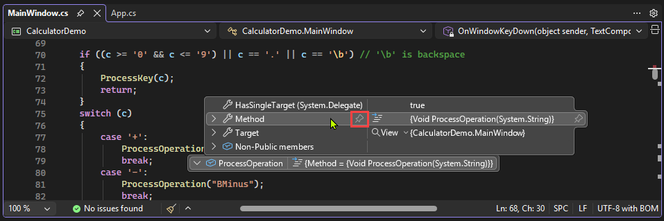 Screenshot che mostra come fissare proprietà in un DataTip in Visual Studio.