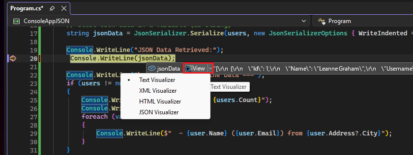 Screenshot che mostra come aprire un visualizzatore di stringhe.