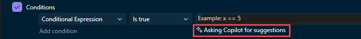 Screenshot di Copilot mentre lavora sui suggerimenti per i punti di interruzione condizionali.