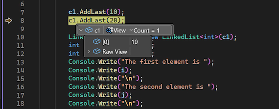 Screenshot che mostra come visualizzare i suggerimenti per i dati per le variabili di codice nel debugger Visual Studio.
