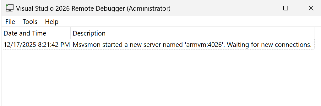 Screenshot della finestra del debugger remoto