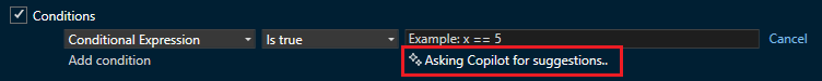 Screenshot di Copilot che utilizza suggerimenti sui punti di interruzione condizionali.