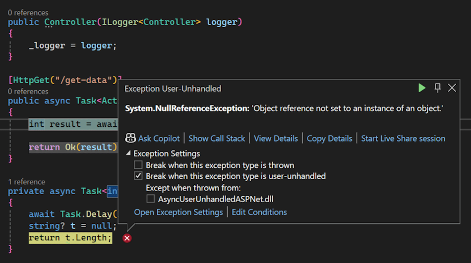 Screenshot dello strumento di supporto Exception con il metodo asincrono.