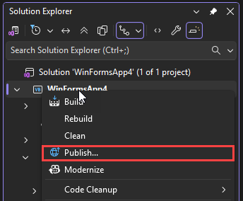 Screenshot che mostra il comando Pubblica nel menu di scelta rapida del progetto in Esplora soluzioni.