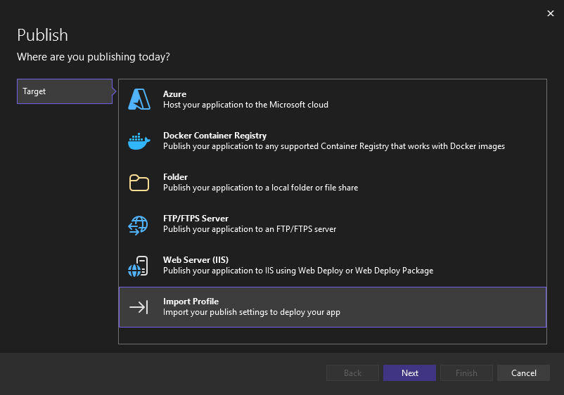 Screenshot dell'opzione per importare le impostazioni di pubblicazione in Visual Studio.