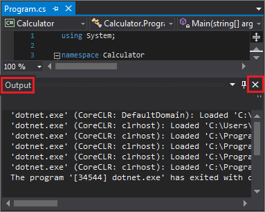 Screenshot che mostra la chiusura del riquadro Output.