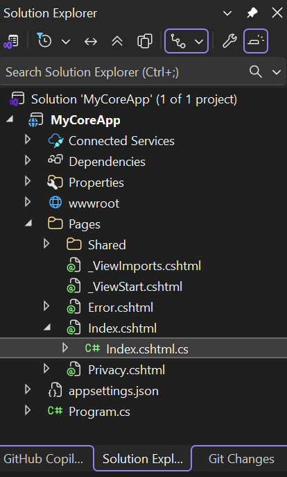 Screenshot mostra il file Index.cshtml selezionato in Esplora soluzioni in Visual Studio.