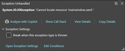 Screenshot della finestra Output che mostra un'eccezione System.IO.IOException con il messaggio Impossibile individuare la risorsa mainwindow.xaml.